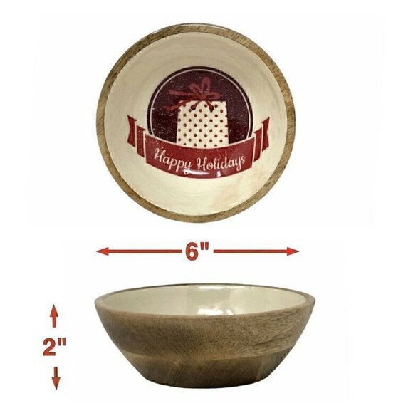 NEW Handcrafted Mango Wood Christmas Bowls Set Of 4 Vintage Inspired Designs - Picture 5 of 5